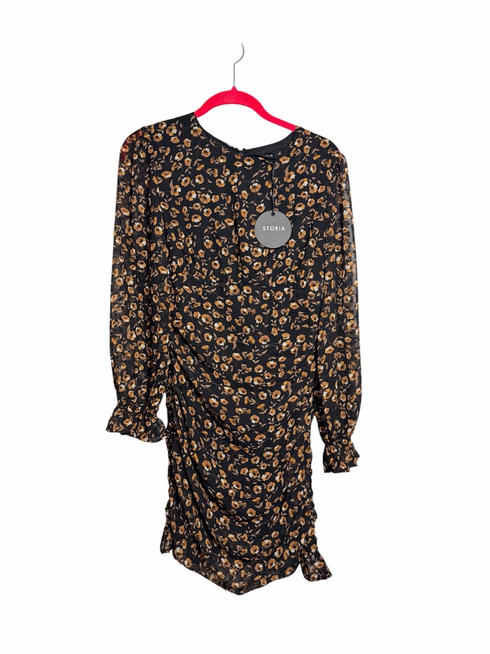 Storia Black Floral Ruched Mini Dress Long Sleeve Sheer Cottagecore Size S - Picture 2 of 5
